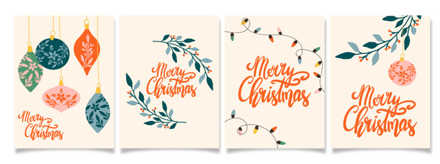 Naklejka premium Set of Merry Christmas greeting cards in retro style. Festive season vector illustrations with Christmas decoration, baubles, garland