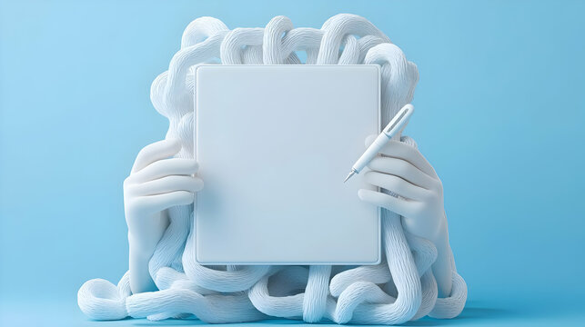 Abstract 3D Illustration: Blank Tablet Held by Hands in a White, Twisted Formation
