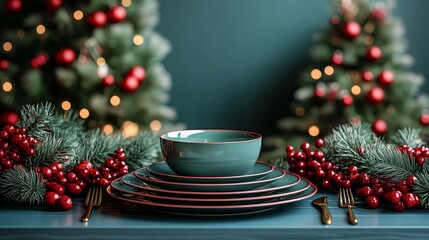 Festive table setting with plates, bowls, and holiday decorations