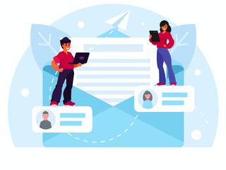 Man and woman chatting online. Programmer standing with laptop. Man holding a laptop. Woman with tablet. Female character in suit holding tablet. Correspondence by email. Email marketing campaign