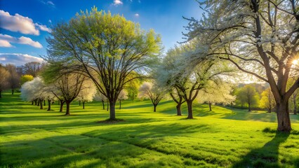 Obraz premium Picturesque park with lush green grass and blossoming trees under blue sky