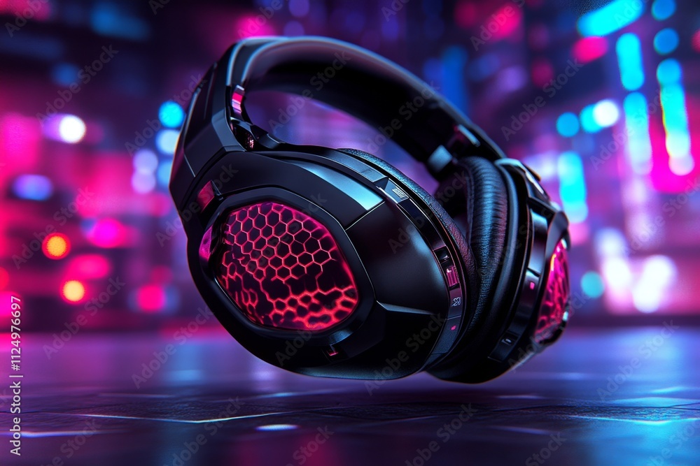 Poster a hyper-realistic close-up of a pair of headphones with intricate metallic details, reflecting color