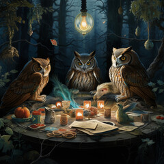 owls at a table in the forest,. 