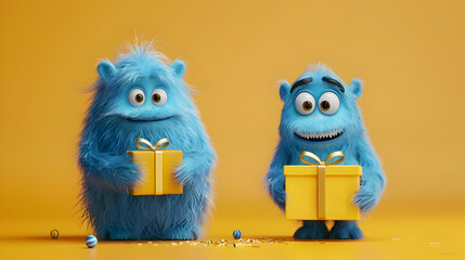 3D Render Fluffy Blue Monsters with Gifts