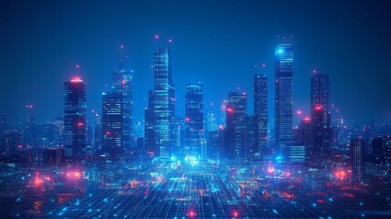 Fototapeta premium futuristic city skyline at night with lights, Generative AI