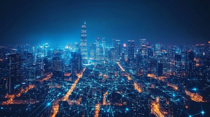 Fototapeta premium futuristic city skyline at night with lights, Generative AI