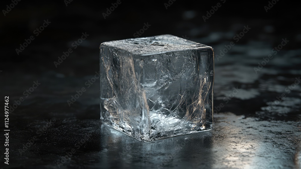 Aufkleber a transparent ice block carved into a perfect cube, placed on a dark background to emphasize its fla