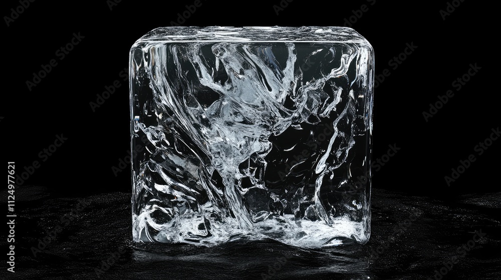 Poster a transparent ice block carved into a perfect cube, placed on a dark background to emphasize its fla