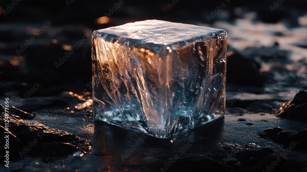 Poster a transparent ice block carved into a perfect cube, placed on a dark background to emphasize its fla