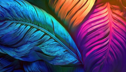 Fototapeta premium Tropical Paradise: Vibrant, iridescent palm leaves in a surreal, neon color palette. A captivating close-up showcasing the intricate details and textures of nature's artistry.