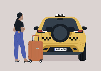 A solo traveler stands next to a yellow taxi at the airport, holding a suitcase, eagerly anticipating departure, The atmosphere buzzes with excitement and movement © nadia_snopek