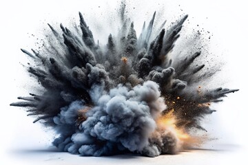 Charcoal Powder Explosion: High Depth of Field Black Smoke Splatter on White Background, Capturing the Dynamics of Coal Dust Cloud in a Striking Visual Display