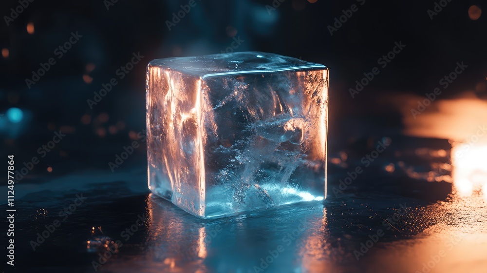 Poster a transparent ice block carved into a perfect cube, placed on a dark background to emphasize its fla