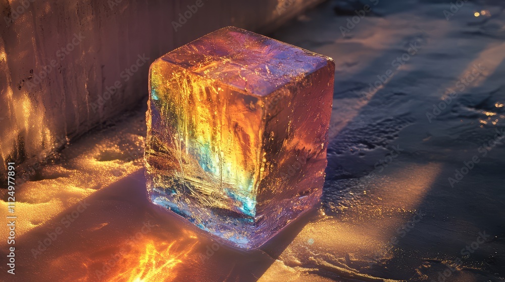 Poster a transparent ice block placed in direct sunlight, casting vibrant light patterns and shadows onto a