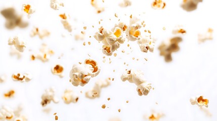 Many pieces of popcorn are scattered in the air against a white background.

