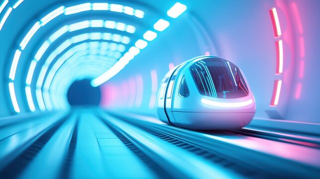 A passenger view from inside a hyperloop capsule as it traverses a tunnel at incredible speed. The outside world is a blur of light and color, emphasizing the sensation of rapid transit.