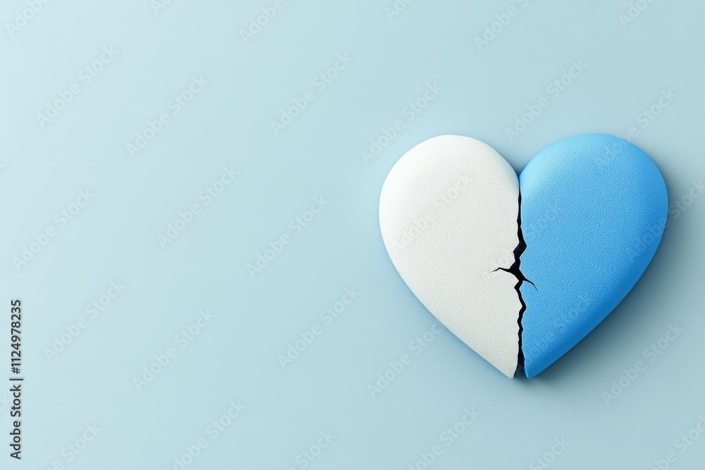Poster A minimalist design of a broken heart symbol, split into two halves with subtle shading and a clean background