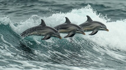 Obraz premium Three stunning dolphins launch into the air above the surf, displaying their acrobatic prowess at sunrise. The ocean splashes around them, creating a captivating moment of nature's beauty