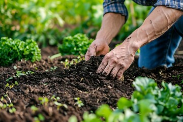 Farmer hand planting lettuce seedling in vegetable garden