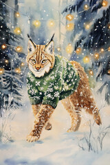 A curious lynx in a green Christmas sweater with snowflake patterns, walking through a snowy forest under glowing lights, painted in soft watercolor.