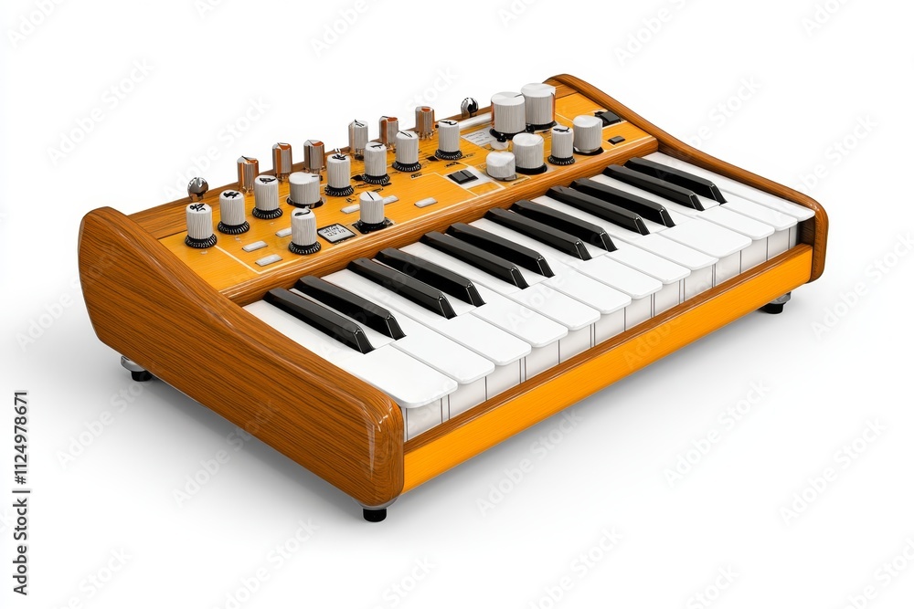 Poster A minimalist view of a synthesizer with its sleek keys and adjustable knobs, isolated on a white background to highlight its modern design and features