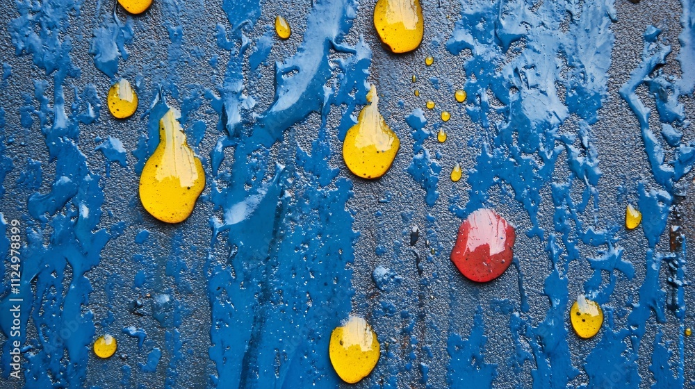 Poster colorful drops dripping on textured blue surface creating abstract pattern
