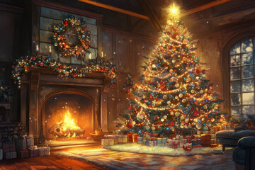 A majestic illuminated Christmas tree adorned with shimmering glass balls, twinkling garlands, and a glowing star topper, set in a cozy living room with a fireplace and warm ambient lighting. Perfect