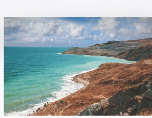 Rocky seashore. Sea nature landscape. View of the sea from the mount. Crimea, Ukraine