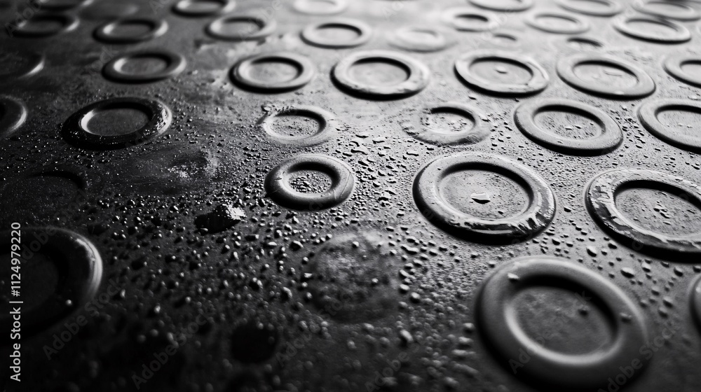 Poster water droplets accumulating on textured black surface with circular indentations