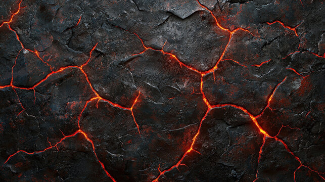 Textured volcanic rock surface with glowing lava cracks in dark colors, showcasing the raw beauty of nature's powerful forces and geological formations