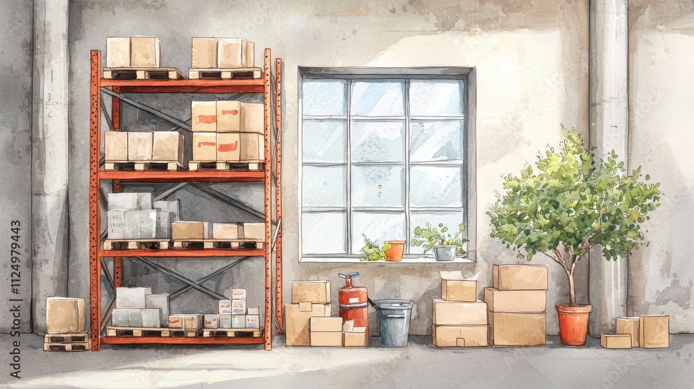 Poster A tidy storage area featuring shelves filled with boxes, a window allowing natural light, and greenery in pots, creating a functional yet inviting atmosphere.
