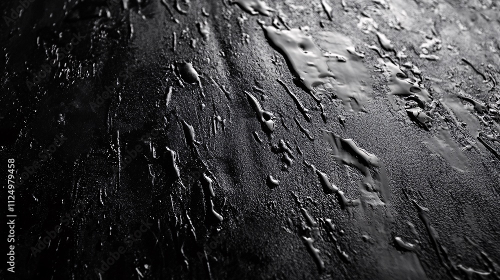Poster Water droplets creating abstract patterns on textured black surface