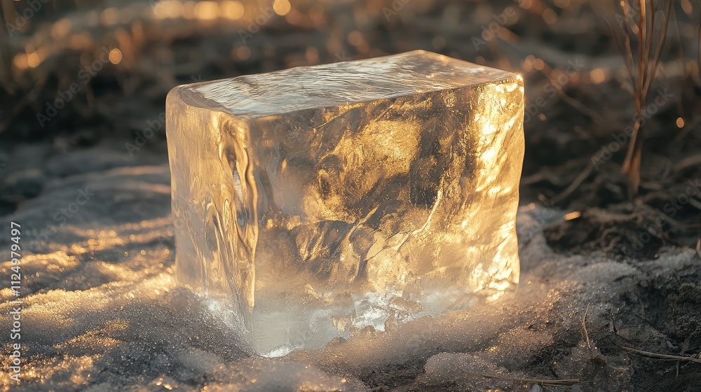 Poster a transparent ice block placed in direct sunlight, casting vibrant light patterns and shadows onto a