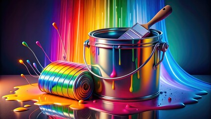 Colorful Rainbow Paint Bucket 3D Illustration, Paint Roller, Vivid Colors, Artistic Rendering, Digital Painting