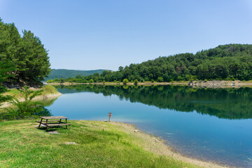 Picnic Spot Overlooking Serene Waters. Idyllic Wooden Bench next to Tranquil Lakeside. Peaceful...