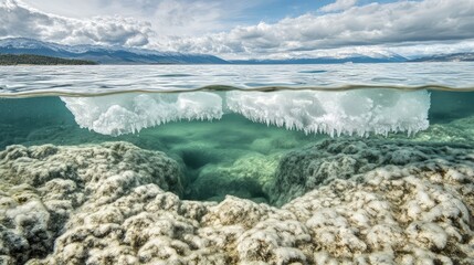 Fototapeta premium A unique underwater view of ice floating mid-water, with fine cracks and frost details visible against a clear backdrop