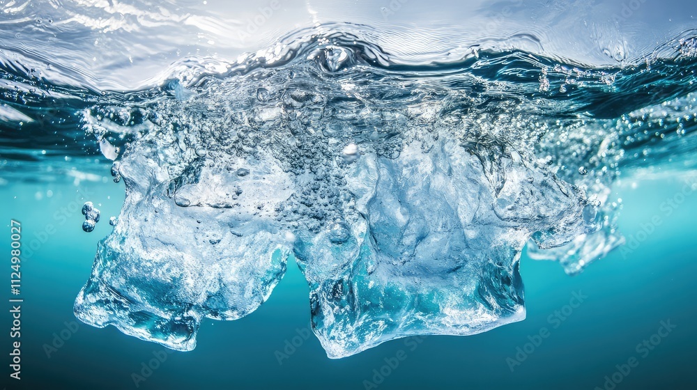 Poster a unique underwater view of ice floating mid-water, with fine cracks and frost details visible again