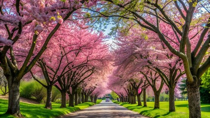 Picturesque spring avenue adorned with rows of blooming pink cherry blossom trees