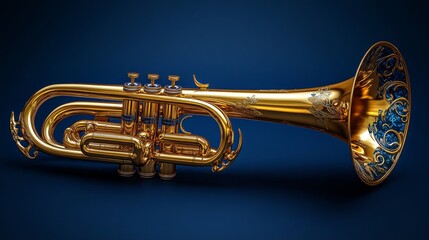 Beautiful golden trumpet with intricate designs and blue accents