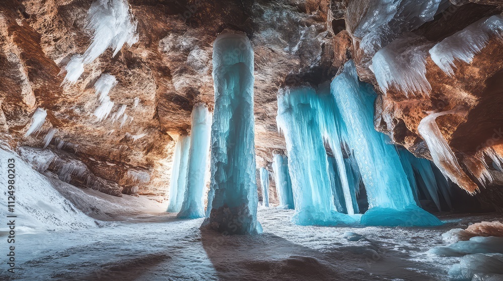 Poster a vast ice cavern with towering frozen columns and delicate frost patterns decorating the cave floor
