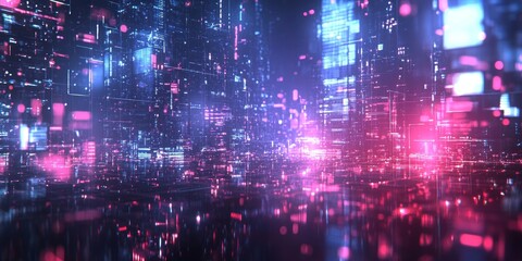 Fototapeta premium neon grid overlaid on a cityscape at night, Generative AI