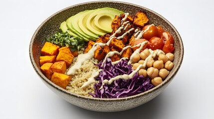 Fototapeta premium Vibrant Buddha Bowl with Sweet Potatoes, Avocado, Chickpeas, and Quinoa 