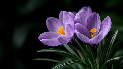 Fototapeta premium A detailed macro shot of a single violet purple crocus flower emerging from the green grass, with dewdrops on the petals and blurred background showing spring start