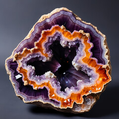 Fototapeta premium Realistic photo of a colorful geode slice with exposed purple and orange crystals on a transparent background