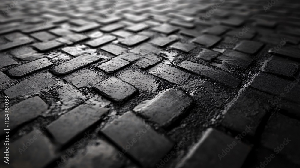 Poster Wet dark paving stones creating herringbone pattern on street