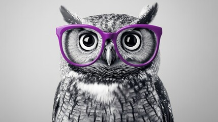 Owl in black and white illustration with big purple glasses, generative ai