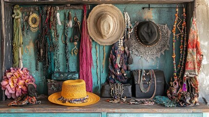 Boutique display with bohemian fashion items like hats, jewelry, and scarves 