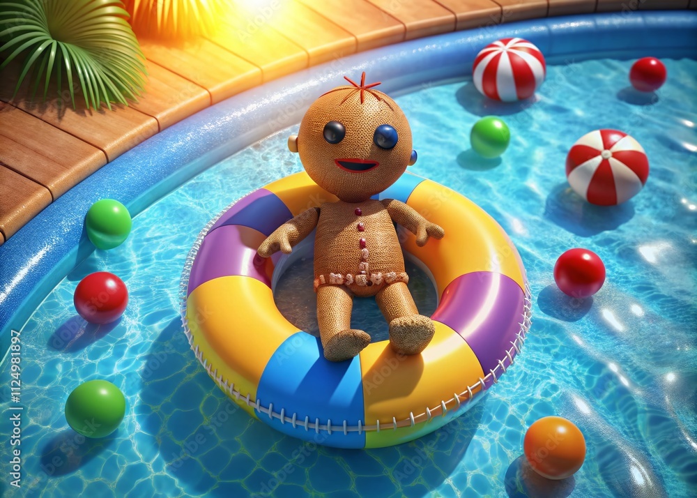 Poster charming little voodoo doll character on inflatable ring in a bright summer pool scene, perfectly ba