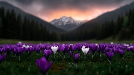 Obraz premium A field of crocuses in various shades of purple and white, with dewdrops glistening on their petals, mountain background