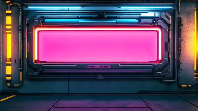 Futuristic pink neon sign in spaceship corridor.